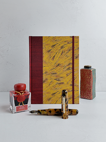 NEW A5 160-page Hardcover Journal finished in Blood Red Japanese book cloth and Golden Cornfields Chiyogami Paper