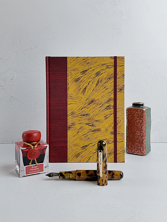 NEW A5 160-page Hardcover Journal finished in Blood Red Japanese book cloth and Golden Cornfields Chiyogami Paper
