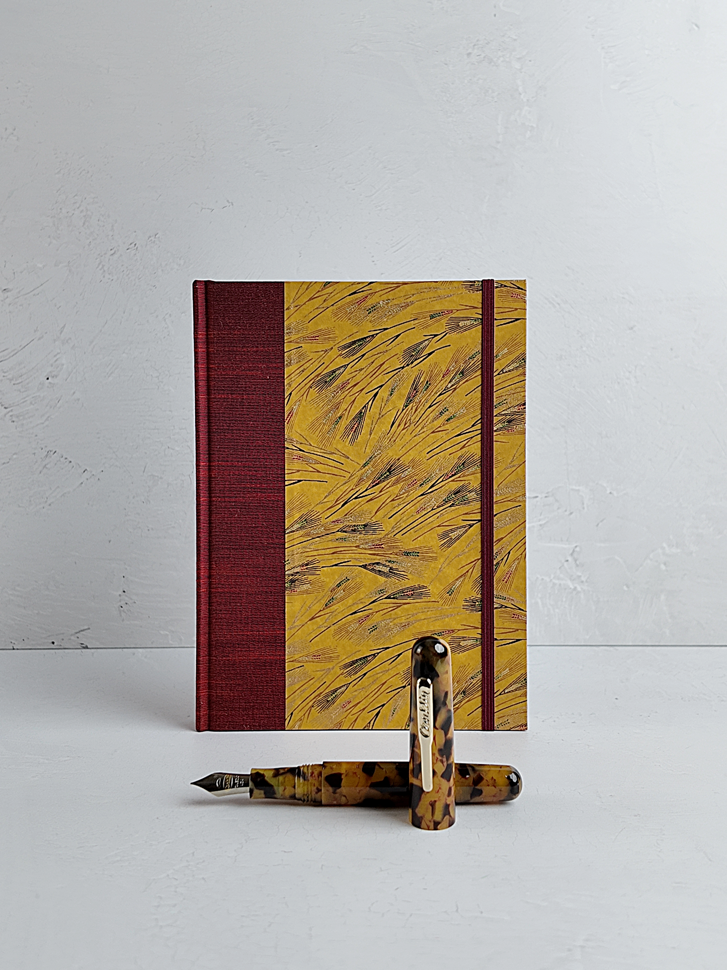 NEW A5 160-page Hardcover Journal finished in Blood Red Japanese book cloth and Golden Cornfields Chiyogami Paper