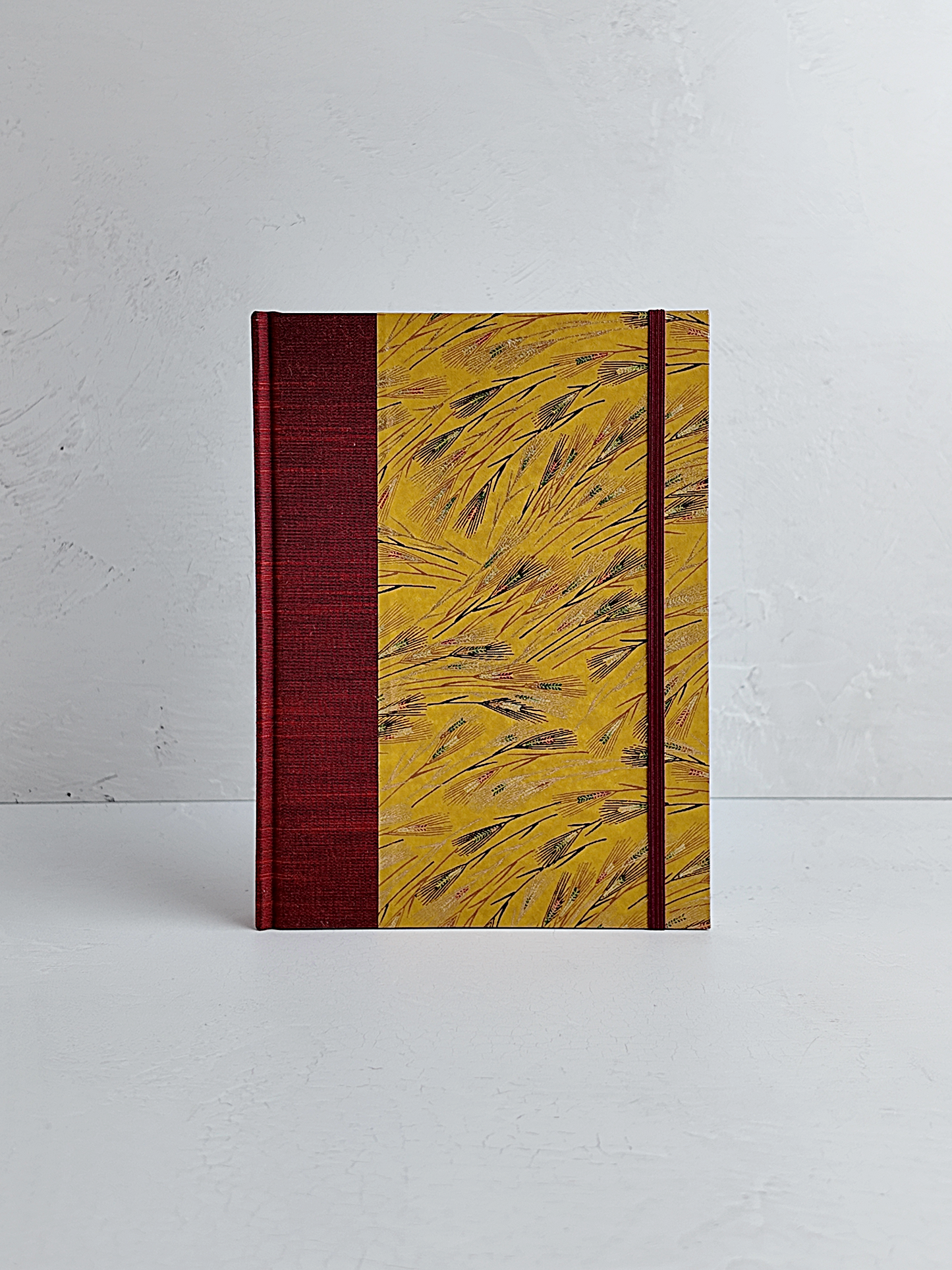NEW A5 160-page Hardcover Journal finished in Blood Red Japanese book cloth and Golden Cornfields Chiyogami Paper