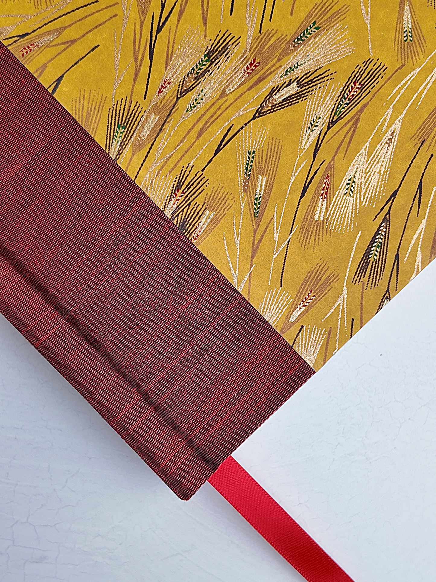 NEW B5 192-page Hardcover Journal finished in Blood Red Japanese book cloth and Golden Cornfields Chiyogami Paper