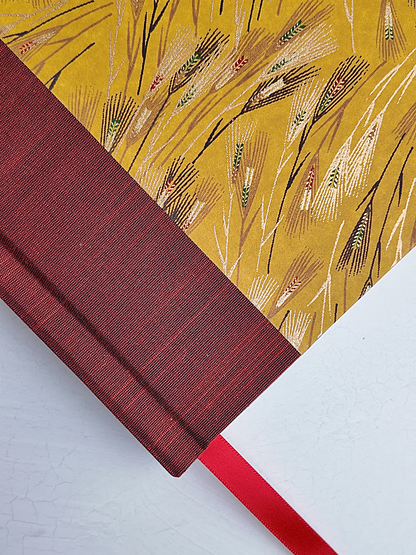 NEW B5 192-page Hardcover Journal finished in Blood Red Japanese book cloth and Golden Cornfields Chiyogami Paper