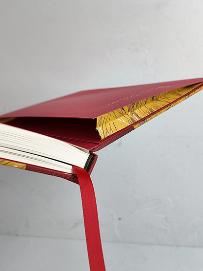 NEW A5 160-page Hardcover Journal finished in Blood Red Japanese book cloth and Golden Cornfields Chiyogami Paper