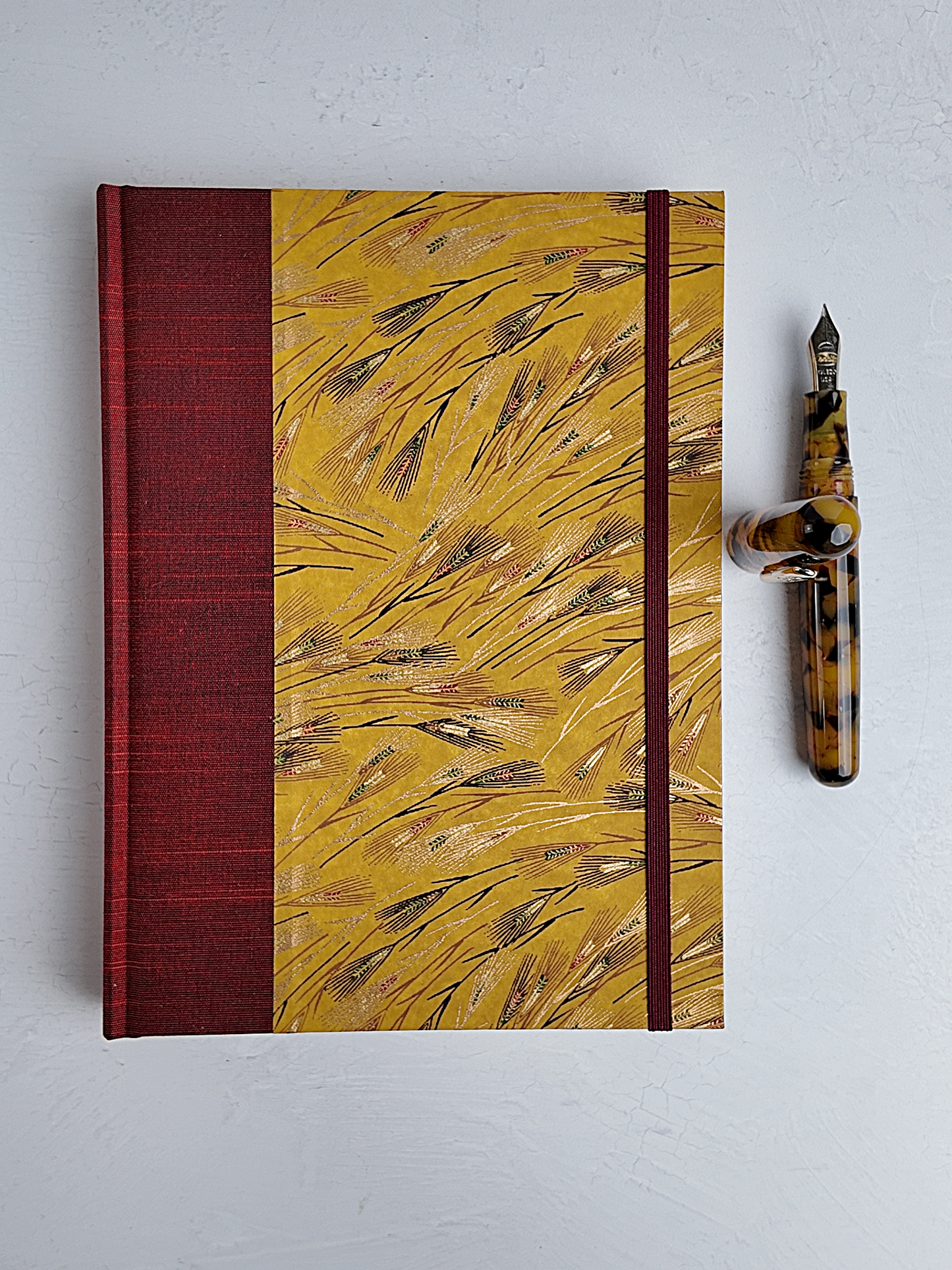 NEW A5 160-page Hardcover Journal finished in Blood Red Japanese book cloth and Golden Cornfields Chiyogami Paper