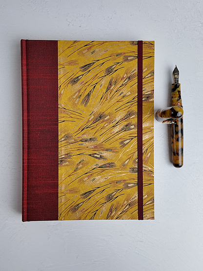NEW A5 160-page Hardcover Journal finished in Blood Red Japanese book cloth and Golden Cornfields Chiyogami Paper