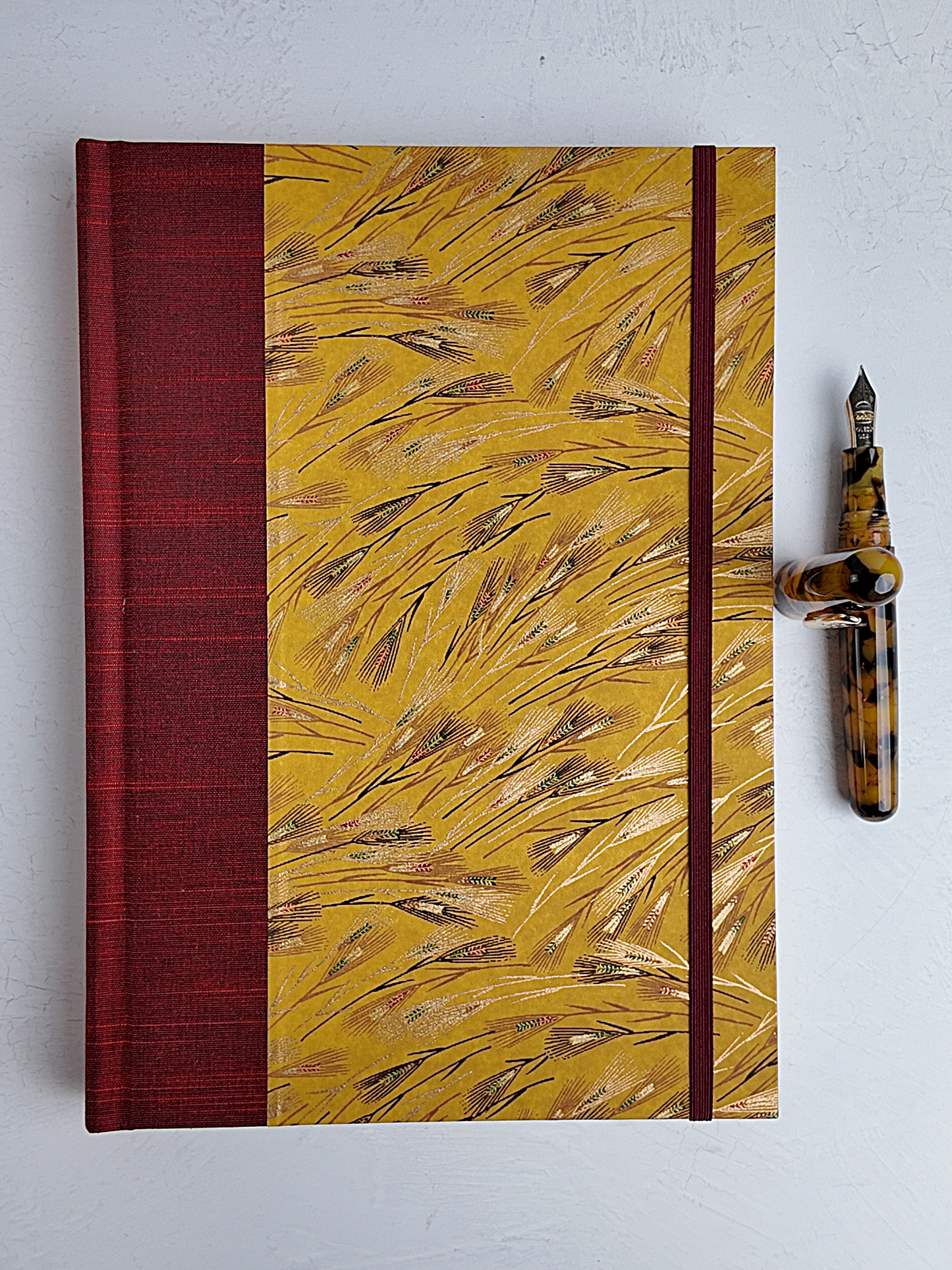 NEW B5 192-page Hardcover Journal finished in Blood Red Japanese book cloth and Golden Cornfields Chiyogami Paper