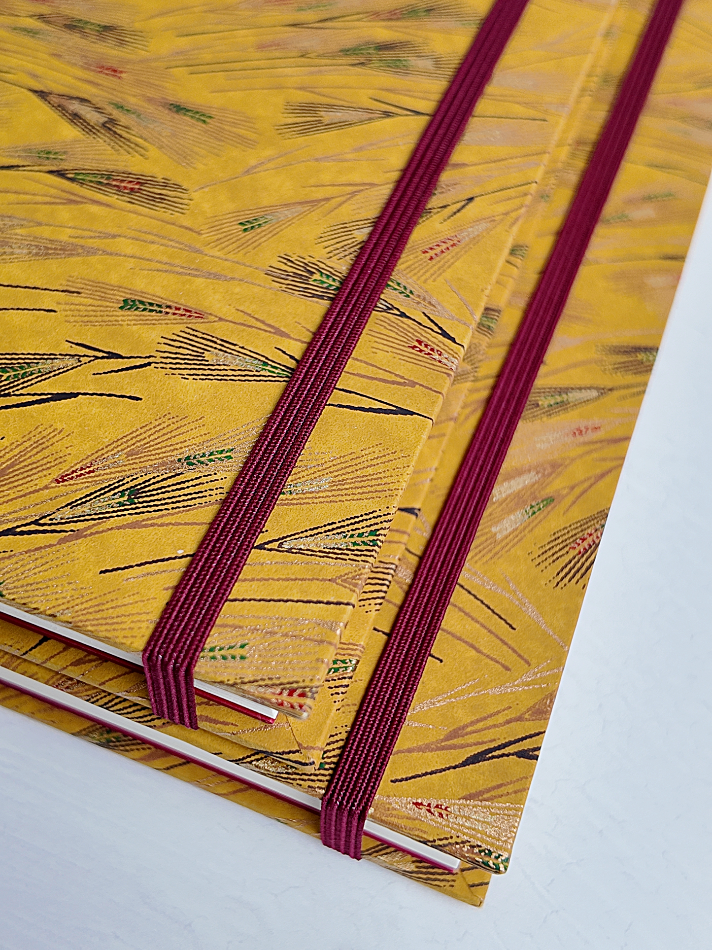 NEW A5 160-page Hardcover Journal finished in Blood Red Japanese book cloth and Golden Cornfields Chiyogami Paper