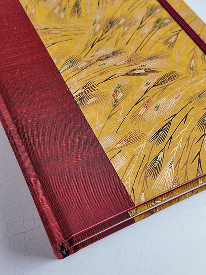 NEW B5 192-page Hardcover Journal finished in Blood Red Japanese book cloth and Golden Cornfields Chiyogami Paper