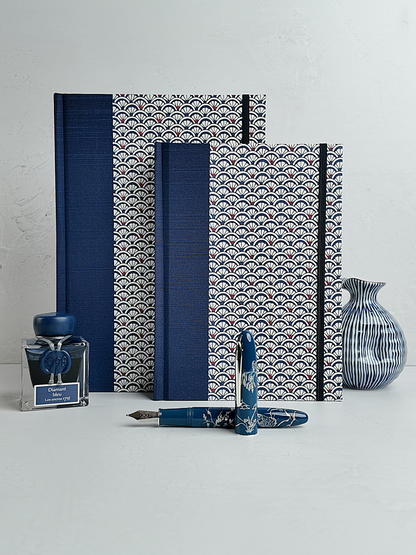 NEW B5 192-page Hardcover Journal finished in Cadet Blue Japanese book cloth and a scallop Chiyogami Paper