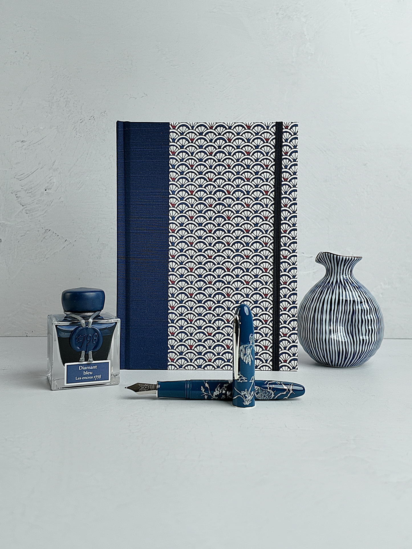 NEW A5 160-page Hardcover Journal finished in Cadet Blue Japanese book cloth and a scallop Chiyogami Paper