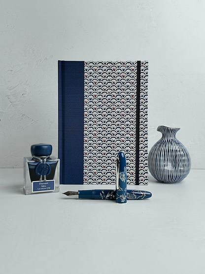 NEW A5 160-page Hardcover Journal finished in Cadet Blue Japanese book cloth and a scallop Chiyogami Paper
