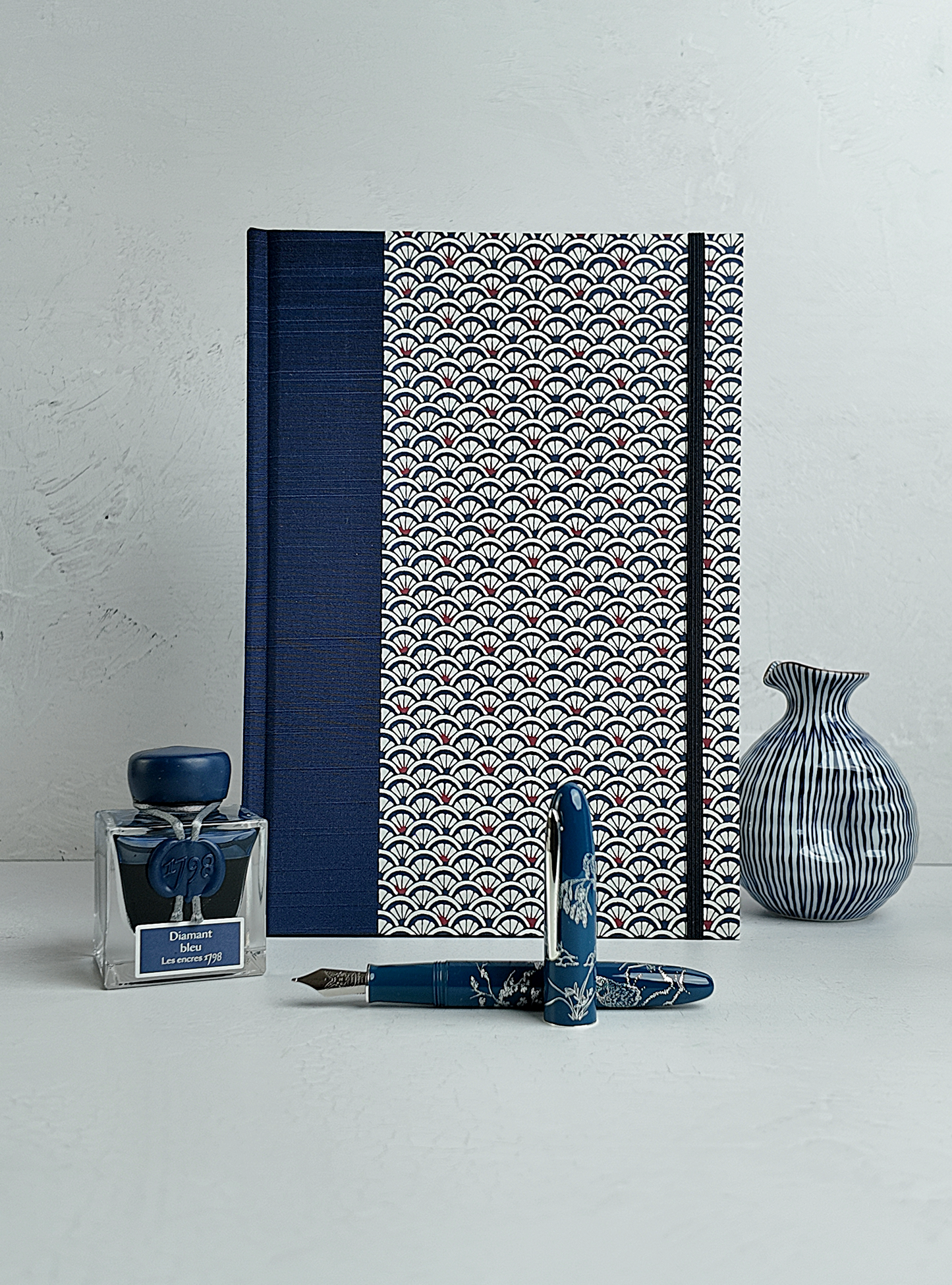 NEW B5 192-page Hardcover Journal finished in Cadet Blue Japanese book cloth and a scallop Chiyogami Paper