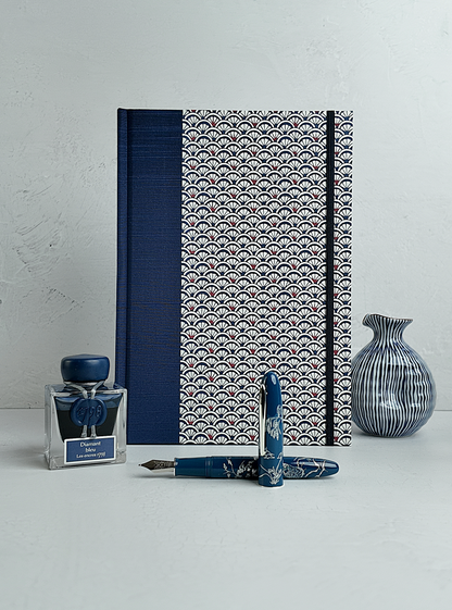 NEW B5 192-page Hardcover Journal finished in Cadet Blue Japanese book cloth and a scallop Chiyogami Paper