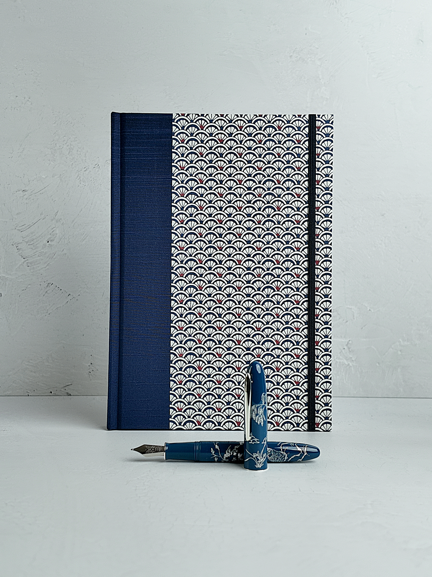 NEW B5 192-page Hardcover Journal finished in Cadet Blue Japanese book cloth and a scallop Chiyogami Paper