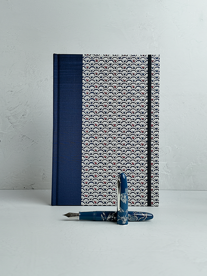 NEW B5 192-page Hardcover Journal finished in Cadet Blue Japanese book cloth and a scallop Chiyogami Paper