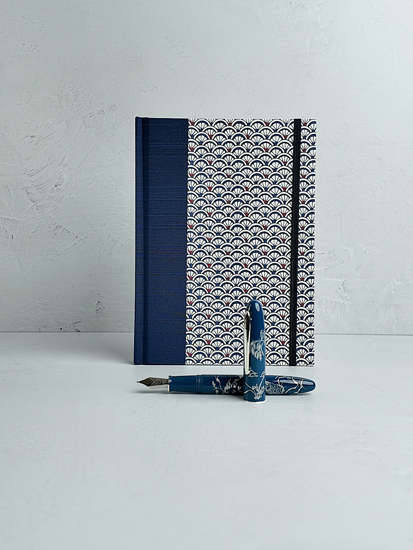 NEW A5 160-page Hardcover Journal finished in Cadet Blue Japanese book cloth and a scallop Chiyogami Paper