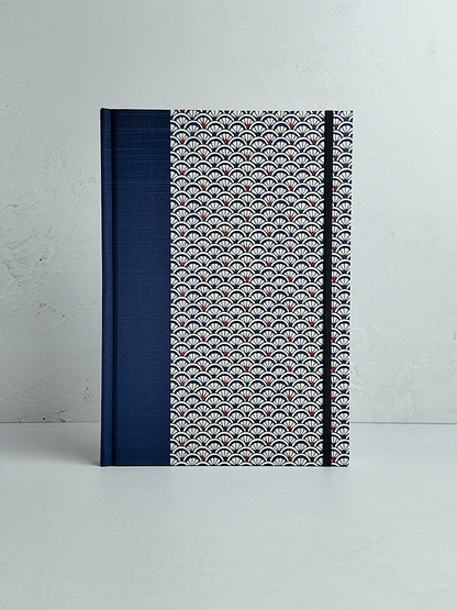 NEW B5 192-page Hardcover Journal finished in Cadet Blue Japanese book cloth and a scallop Chiyogami Paper