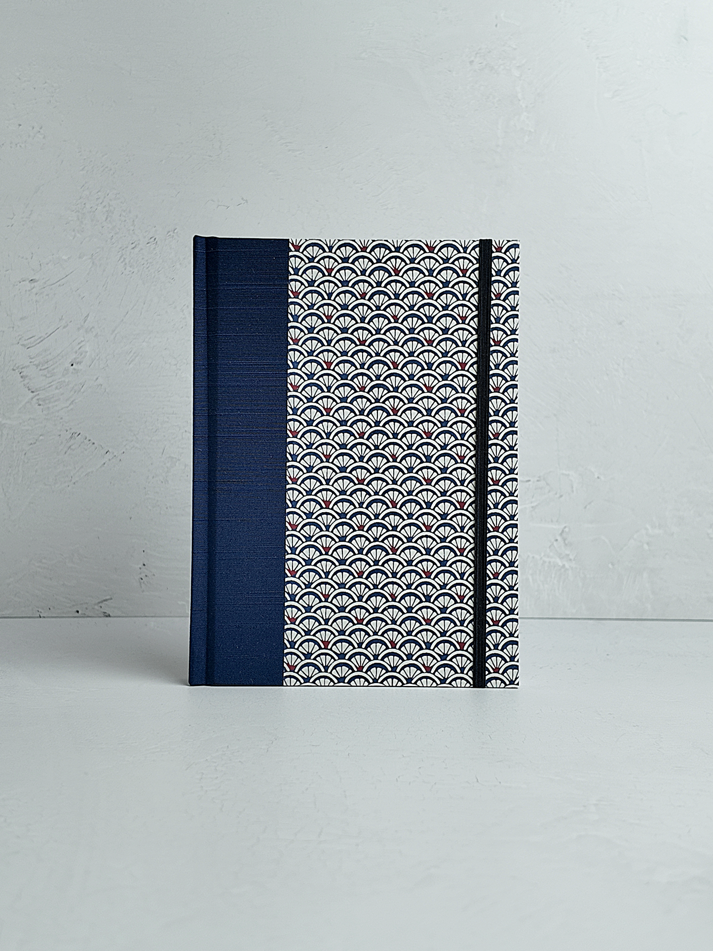 NEW A5 160-page Hardcover Journal finished in Cadet Blue Japanese book cloth and a scallop Chiyogami Paper