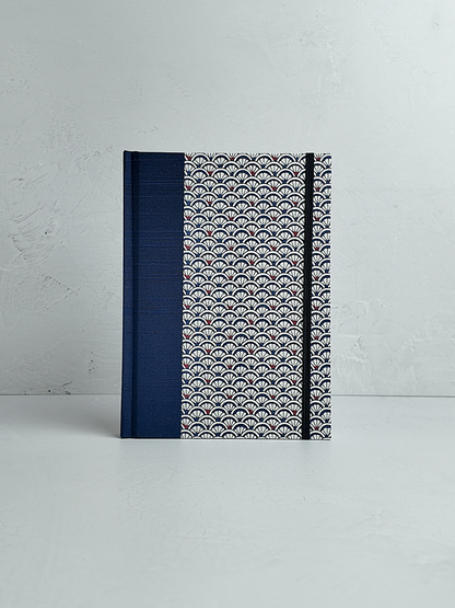 NEW A5 160-page Hardcover Journal finished in Cadet Blue Japanese book cloth and a scallop Chiyogami Paper