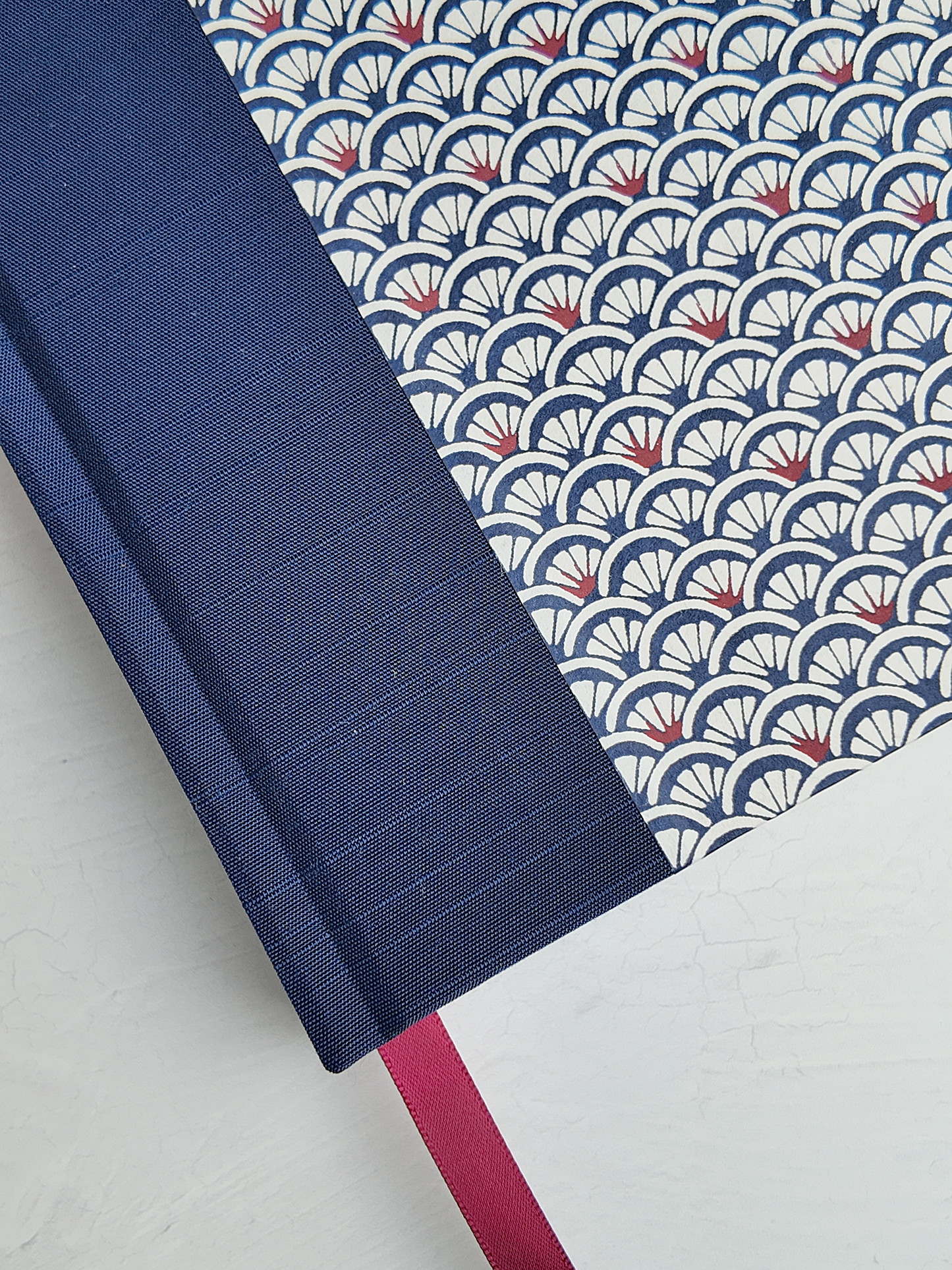 NEW B5 192-page Hardcover Journal finished in Cadet Blue Japanese book cloth and a scallop Chiyogami Paper