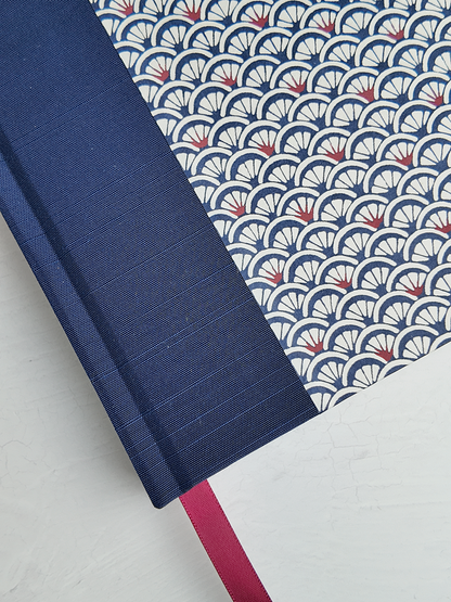 NEW B5 192-page Hardcover Journal finished in Cadet Blue Japanese book cloth and a scallop Chiyogami Paper