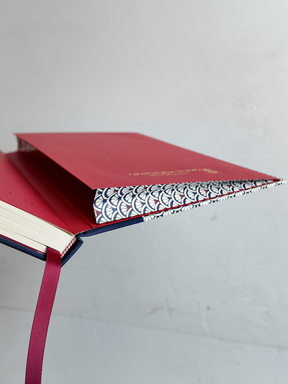 NEW B5 192-page Hardcover Journal finished in Cadet Blue Japanese book cloth and a scallop Chiyogami Paper