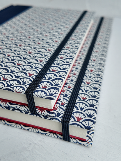 NEW B5 192-page Hardcover Journal finished in Cadet Blue Japanese book cloth and a scallop Chiyogami Paper