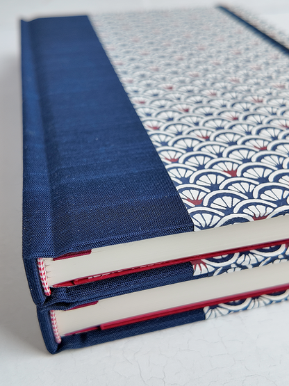 NEW B5 192-page Hardcover Journal finished in Cadet Blue Japanese book cloth and a scallop Chiyogami Paper