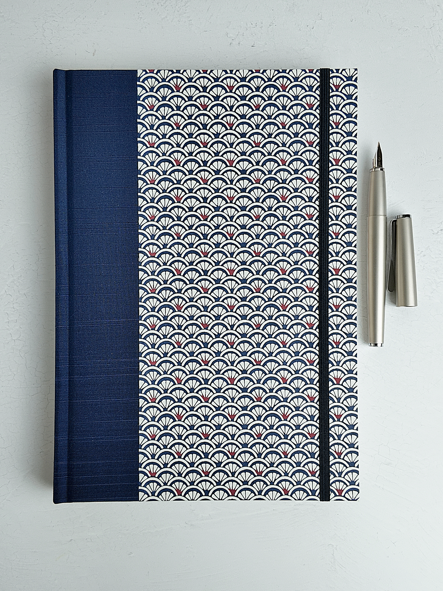 NEW B5 192-page Hardcover Journal finished in Cadet Blue Japanese book cloth and a scallop Chiyogami Paper