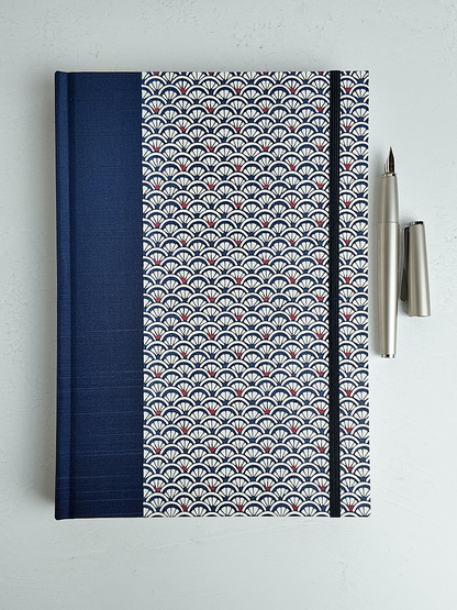 NEW B5 192-page Hardcover Journal finished in Cadet Blue Japanese book cloth and a scallop Chiyogami Paper