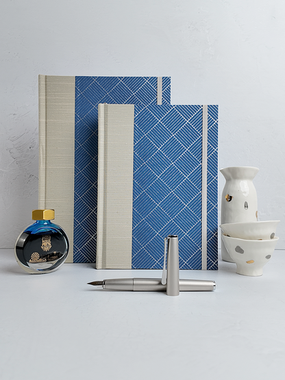 NEW A5 160-page Hardcover Journal finished in Platinum Japanese book cloth and blue/silver square Chiyogami Paper