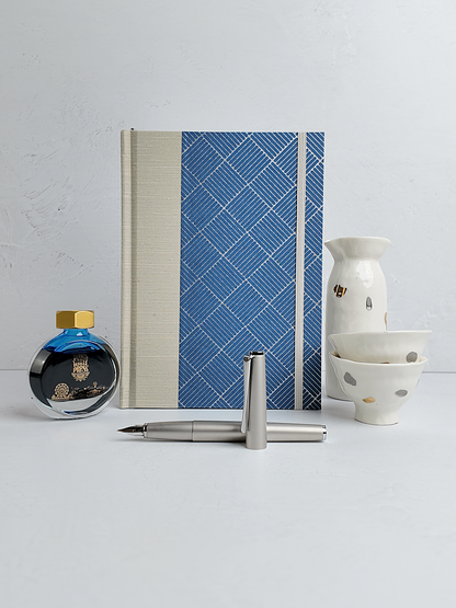 NEW A5 160-page Hardcover Journal finished in Platinum Japanese book cloth and blue/silver square Chiyogami Paper