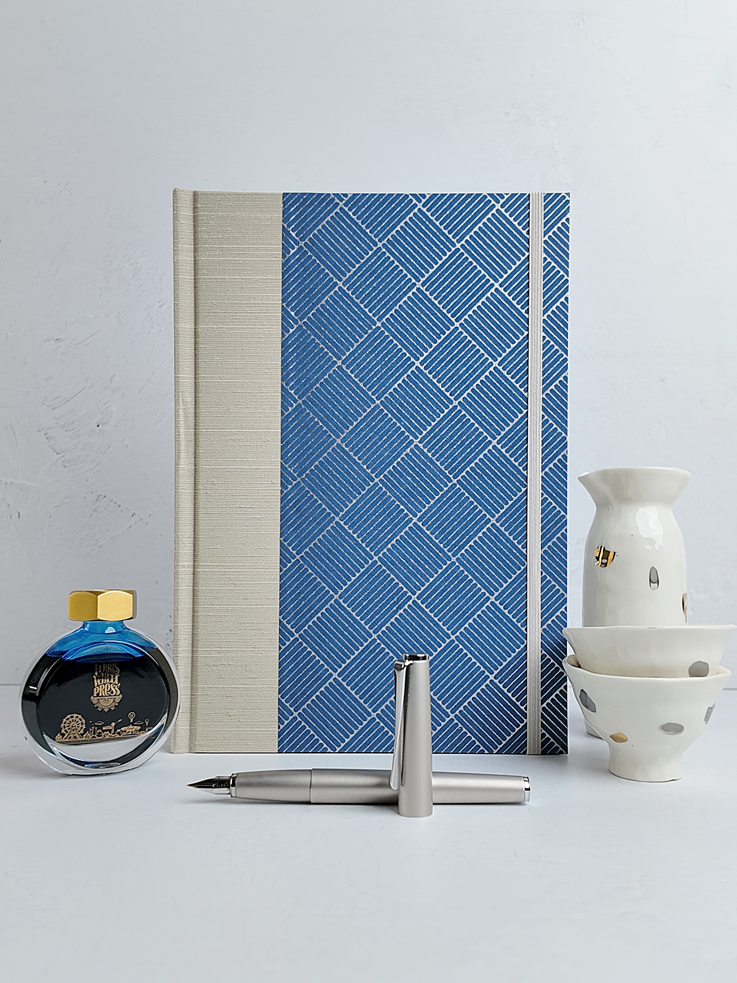 NEW B5 192-page Hardcover Journal finished in Platinum Japanese book cloth and blue/silver square Chiyogami Paper