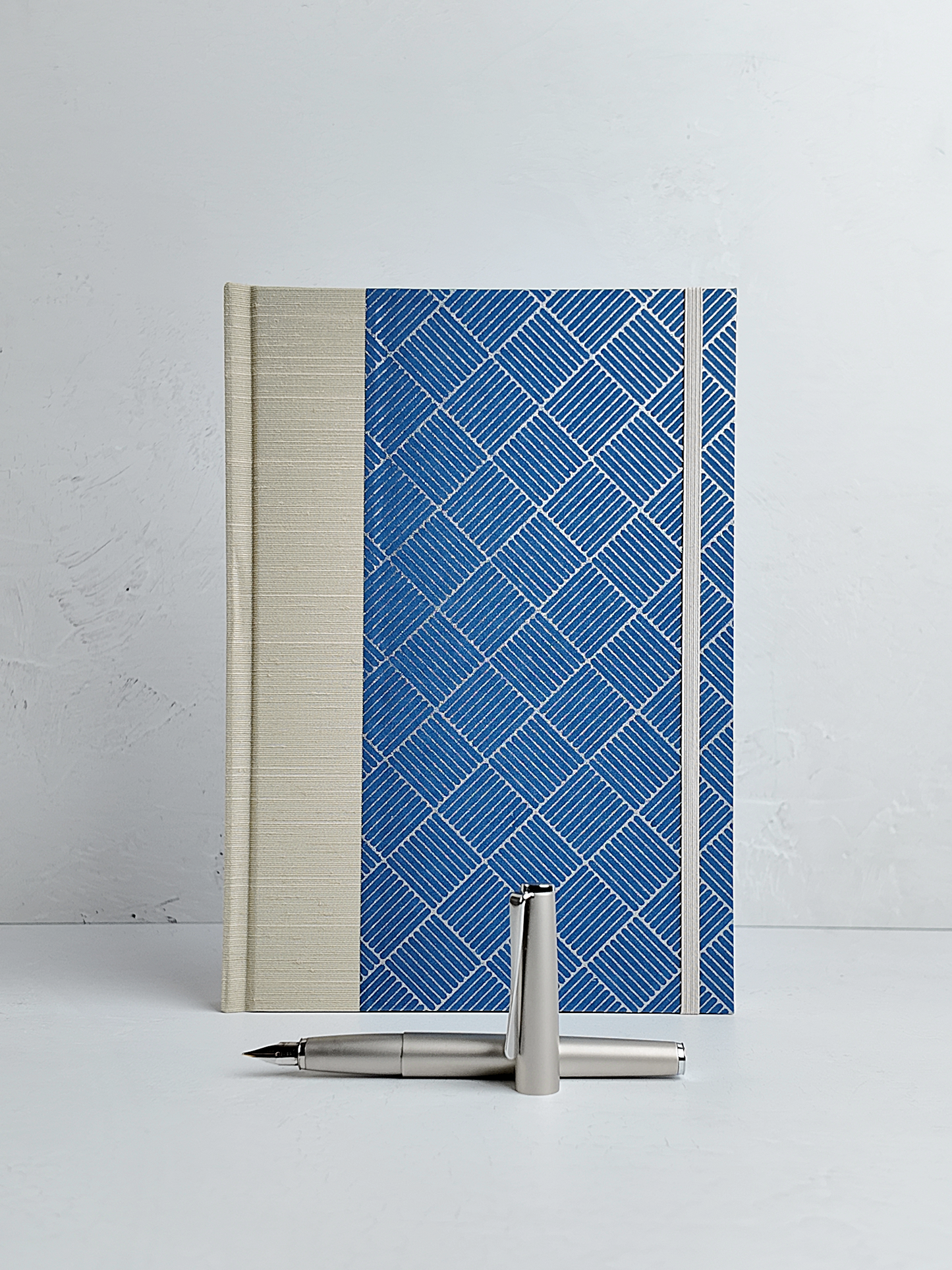 NEW B5 192-page Hardcover Journal finished in Platinum Japanese book cloth and blue/silver square Chiyogami Paper