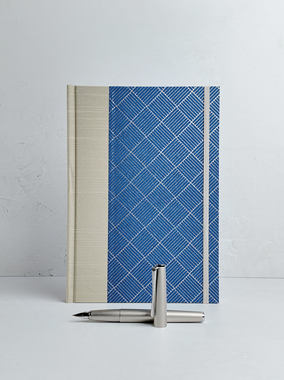 NEW B5 192-page Hardcover Journal finished in Platinum Japanese book cloth and blue/silver square Chiyogami Paper