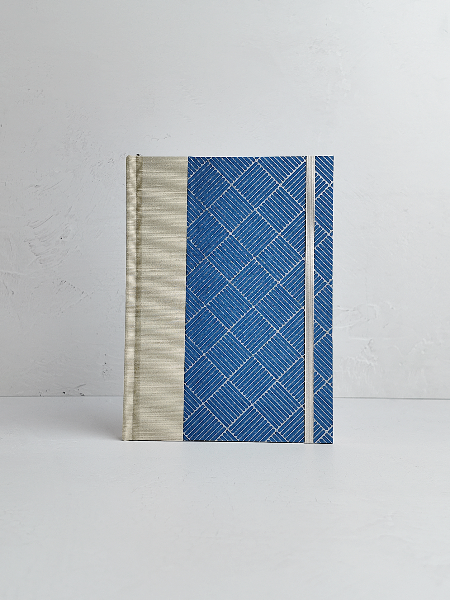 NEW A5 160-page Hardcover Journal finished in Platinum Japanese book cloth and blue/silver square Chiyogami Paper