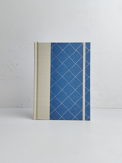 NEW A5 160-page Hardcover Journal finished in Platinum Japanese book cloth and blue/silver square Chiyogami Paper
