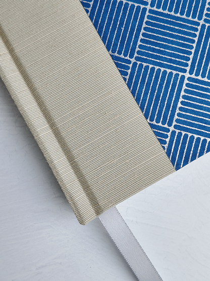 NEW B5 192-page Hardcover Journal finished in Platinum Japanese book cloth and blue/silver square Chiyogami Paper