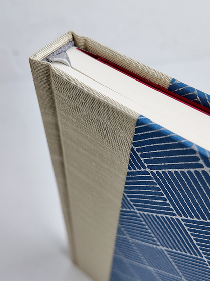 NEW B5 192-page Hardcover Journal finished in Platinum Japanese book cloth and blue/silver square Chiyogami Paper