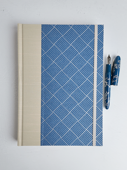 NEW B5 192-page Hardcover Journal finished in Platinum Japanese book cloth and blue/silver square Chiyogami Paper