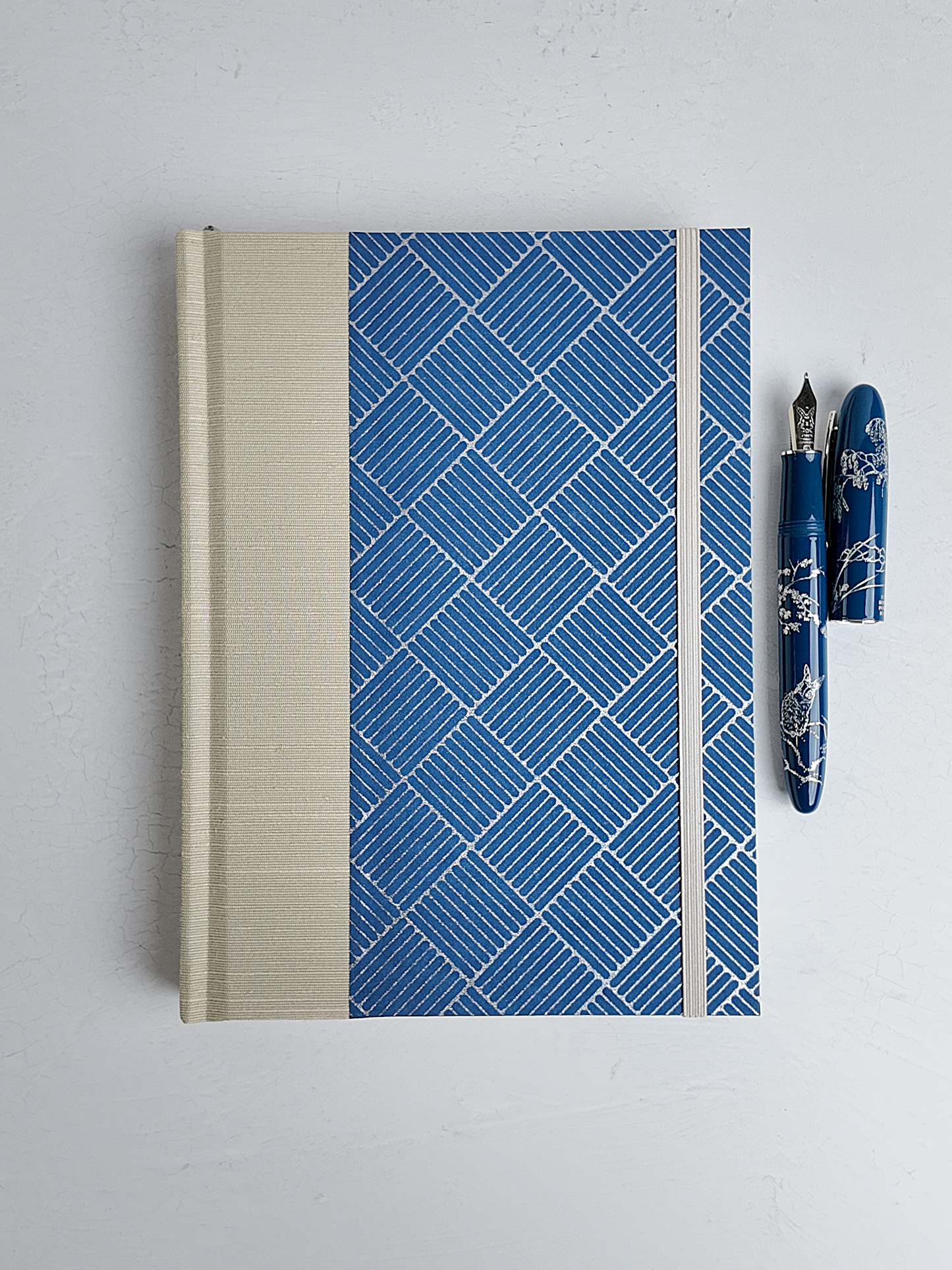 NEW A5 160-page Hardcover Journal finished in Platinum Japanese book cloth and blue/silver square Chiyogami Paper
