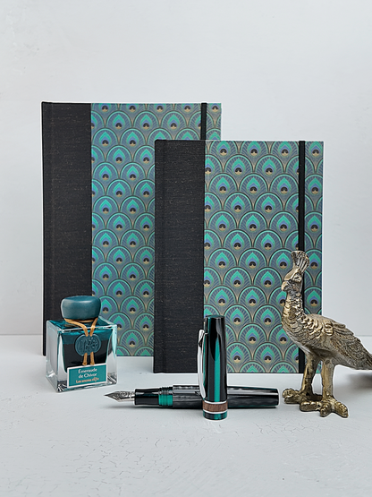 NEW A5 160-page Hardcover Journal finished in Black Mohair Japanese book cloth and a silk screened peacock paper