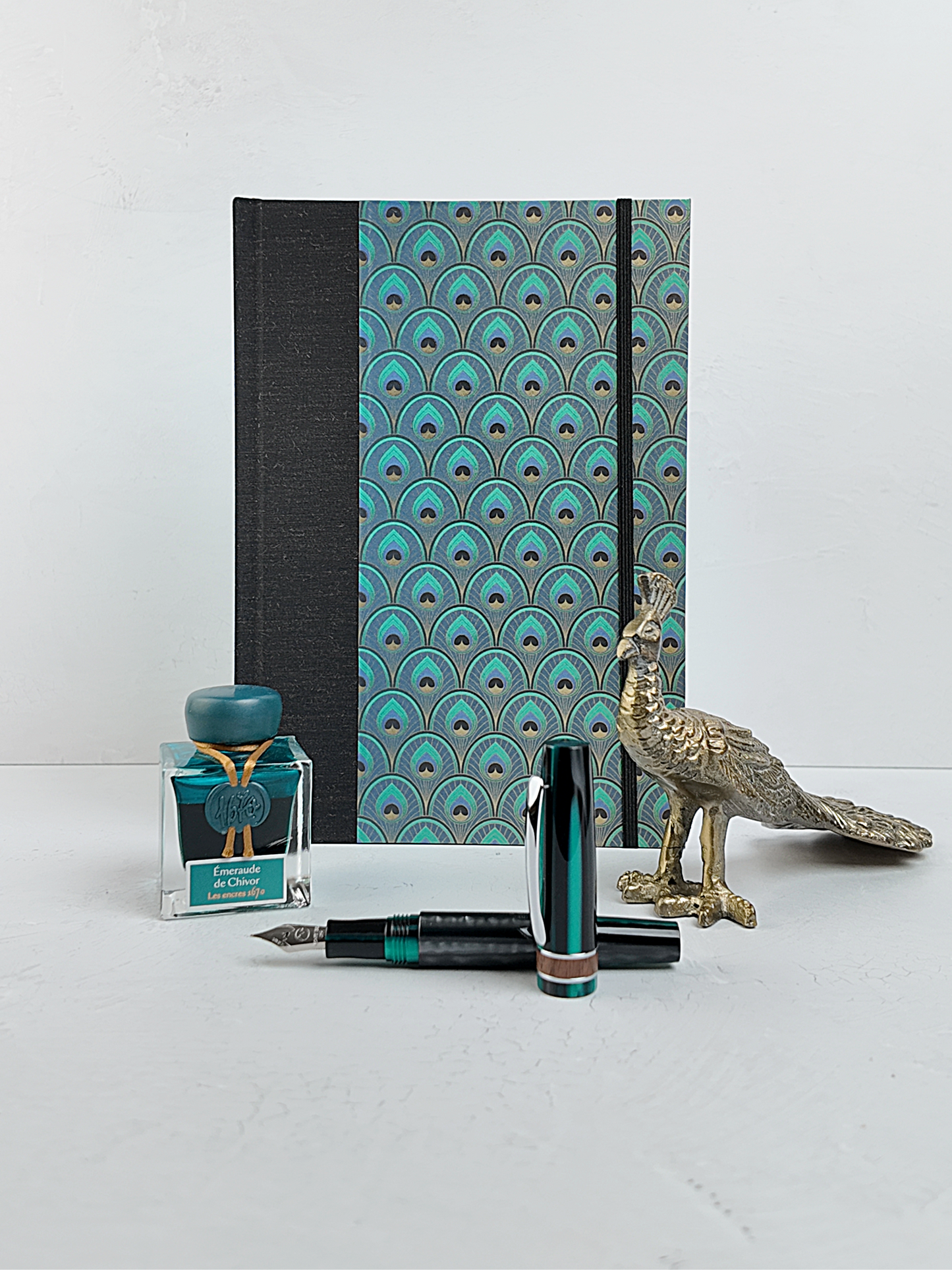 NEW B5 192-page Hardcover Journal finished in Black Mohair Japanese book cloth and a silk screened peacock paper