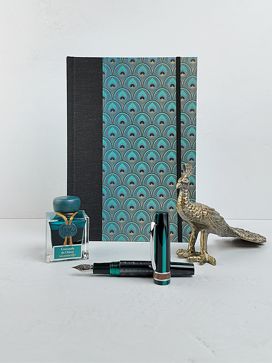 B5 192-page Hardcover Journal finished in Black Mohair Japanese book cloth and a silk screened peacock paper