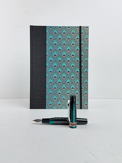 NEW B5 192-page Hardcover Journal finished in Black Mohair Japanese book cloth and a silk screened peacock paper