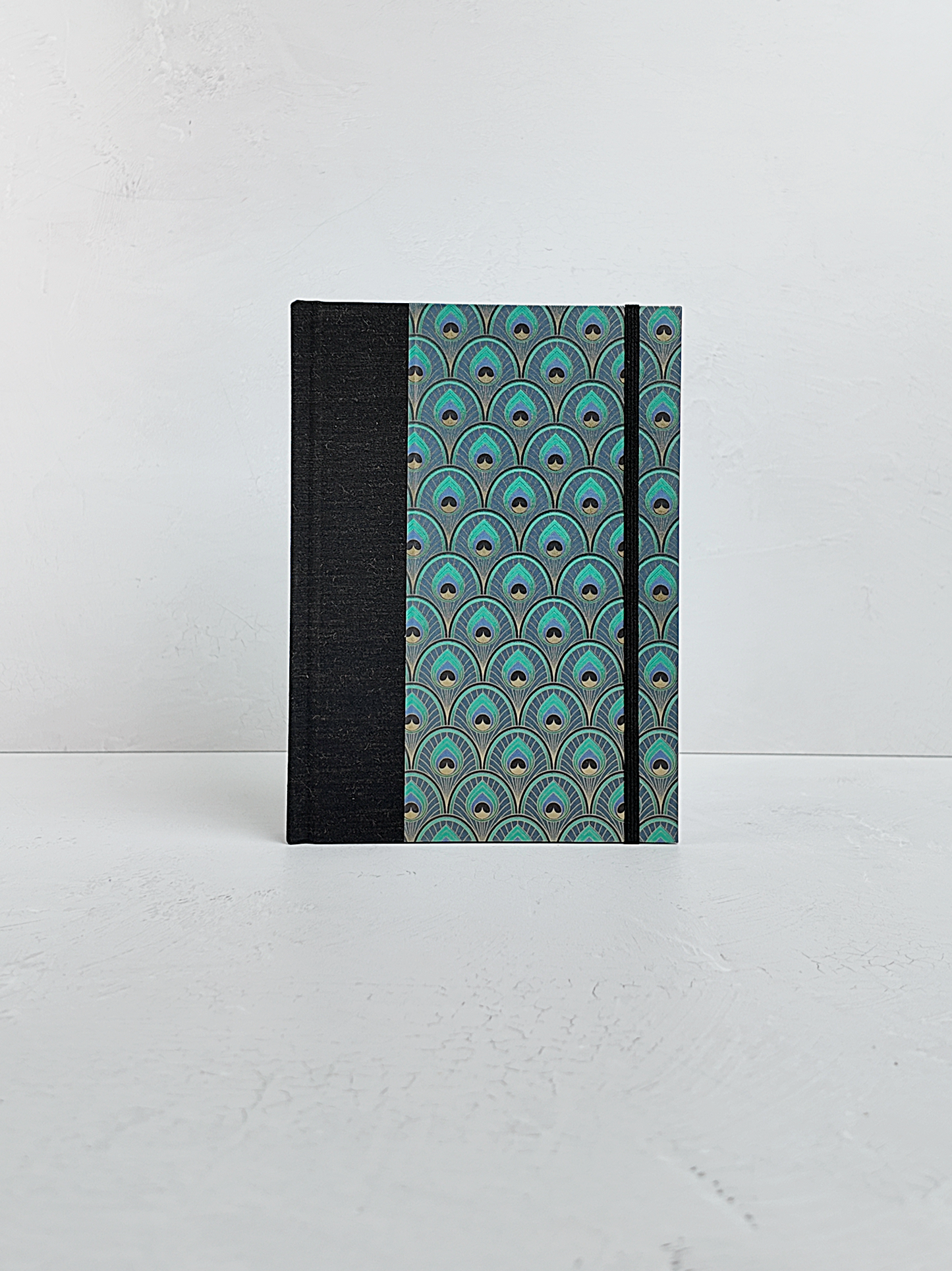 NEW A5 160-page Hardcover Journal finished in Black Mohair Japanese book cloth and a silk screened peacock paper