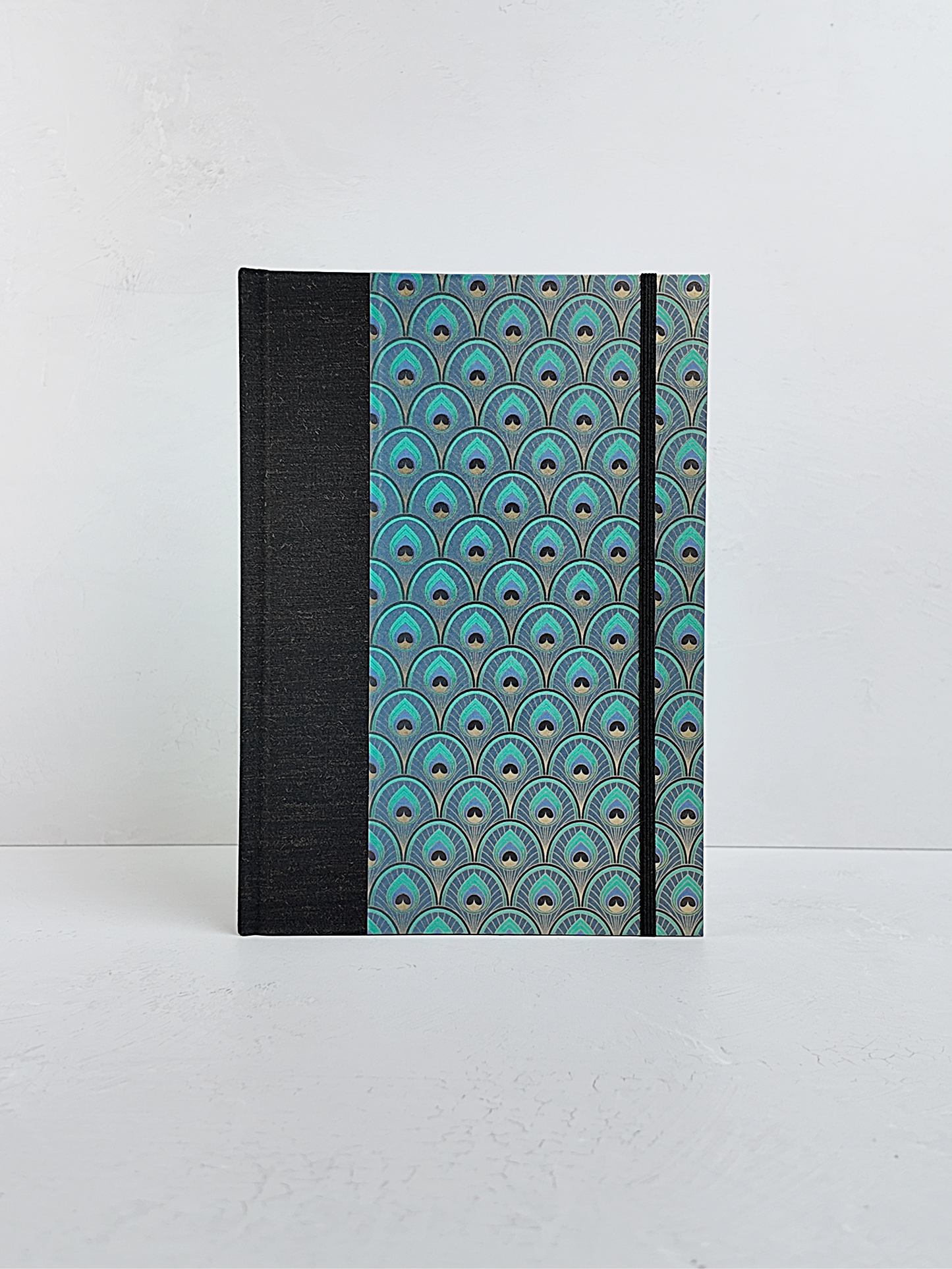 NEW B5 192-page Hardcover Journal finished in Black Mohair Japanese book cloth and a silk screened peacock paper