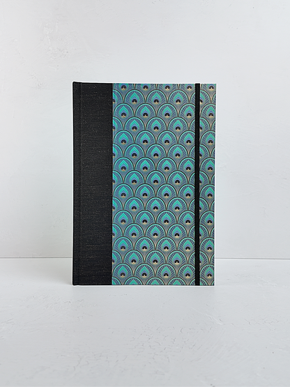 NEW B5 192-page Hardcover Journal finished in Black Mohair Japanese book cloth and a silk screened peacock paper