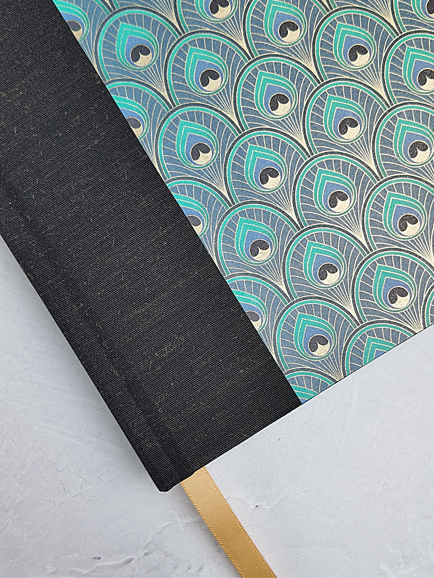 NEW B5 192-page Hardcover Journal finished in Black Mohair Japanese book cloth and a silk screened peacock paper