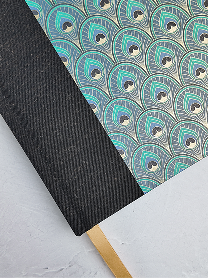 NEW B5 192-page Hardcover Journal finished in Black Mohair Japanese book cloth and a silk screened peacock paper